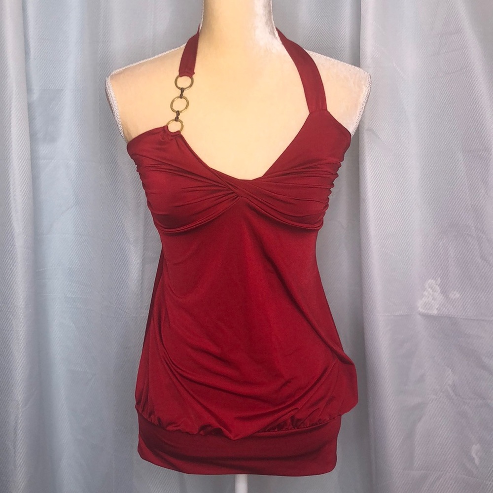 Twenty One Red Halter Top Blouse with Gold Accents